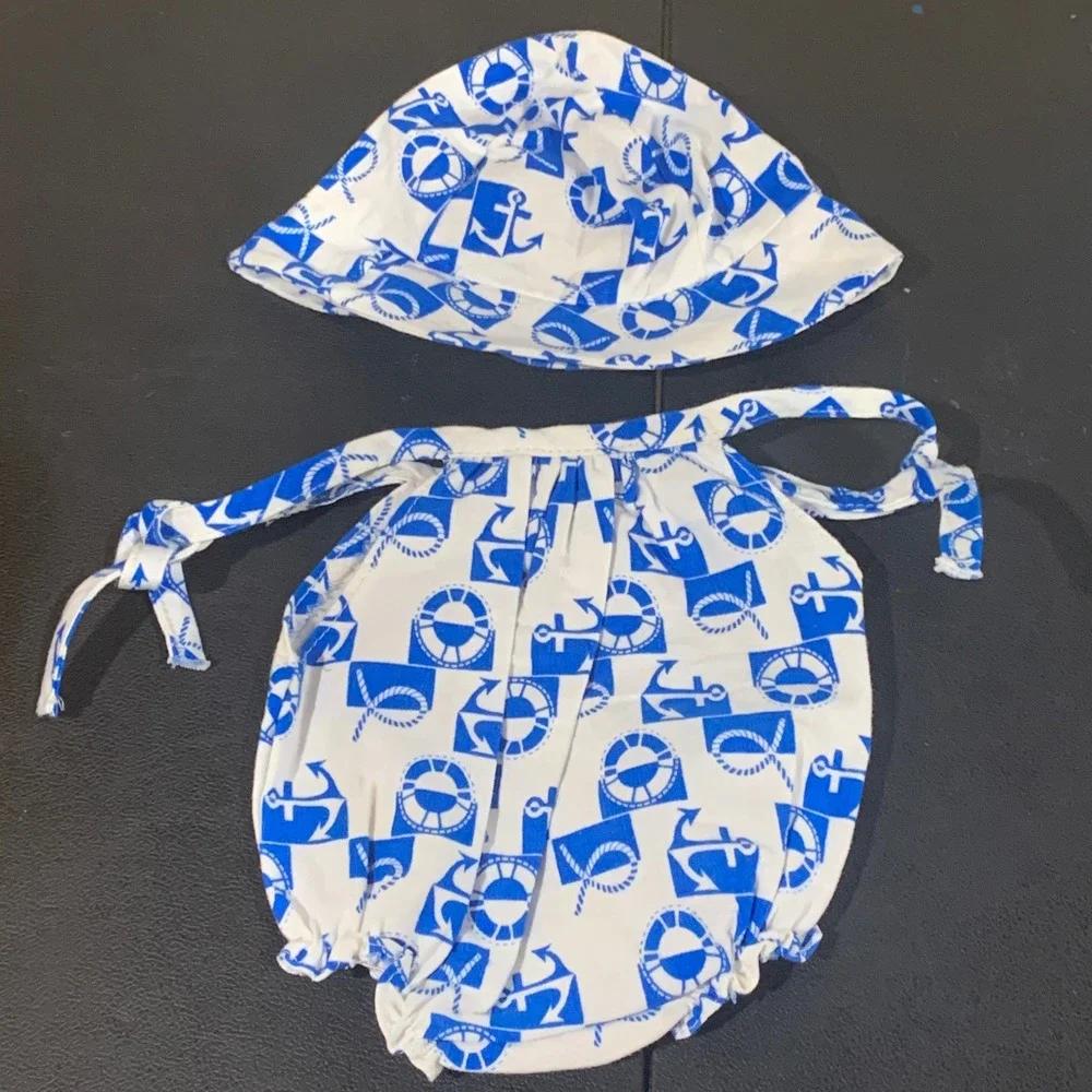 VTG My Friend‎ Doll Nautical Anchor Romper and Hat Set Blue White Summer Outfit